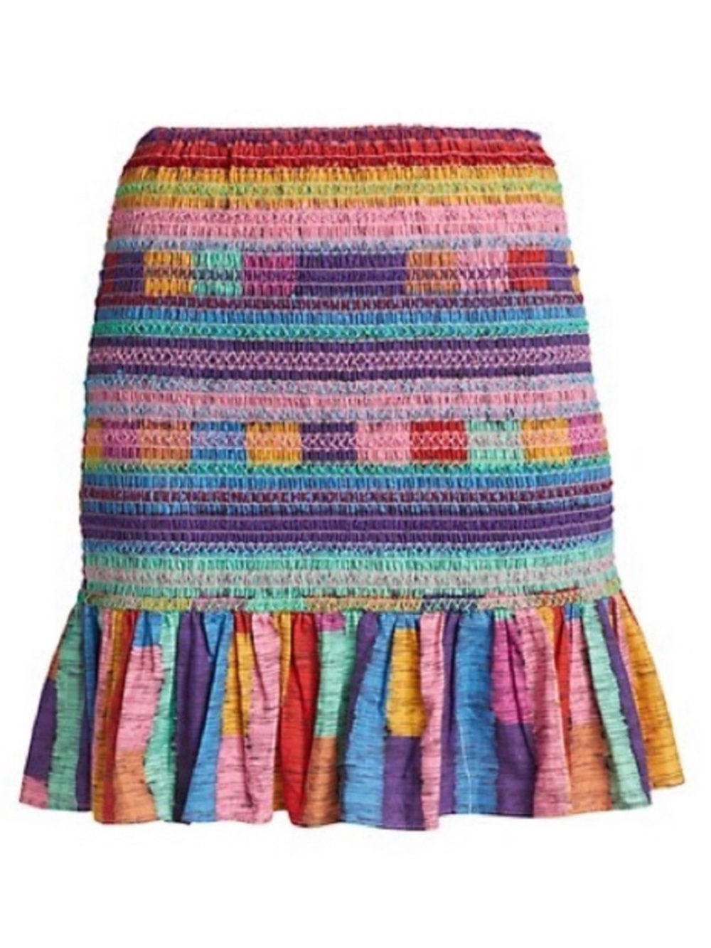 FARM Rio Rainbow Smocked Mini Skirt with Ruffle Hem